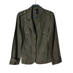 Bisou Bisou Womens Linen Jacket Size Medium Military Green Gorpcore Utility Army